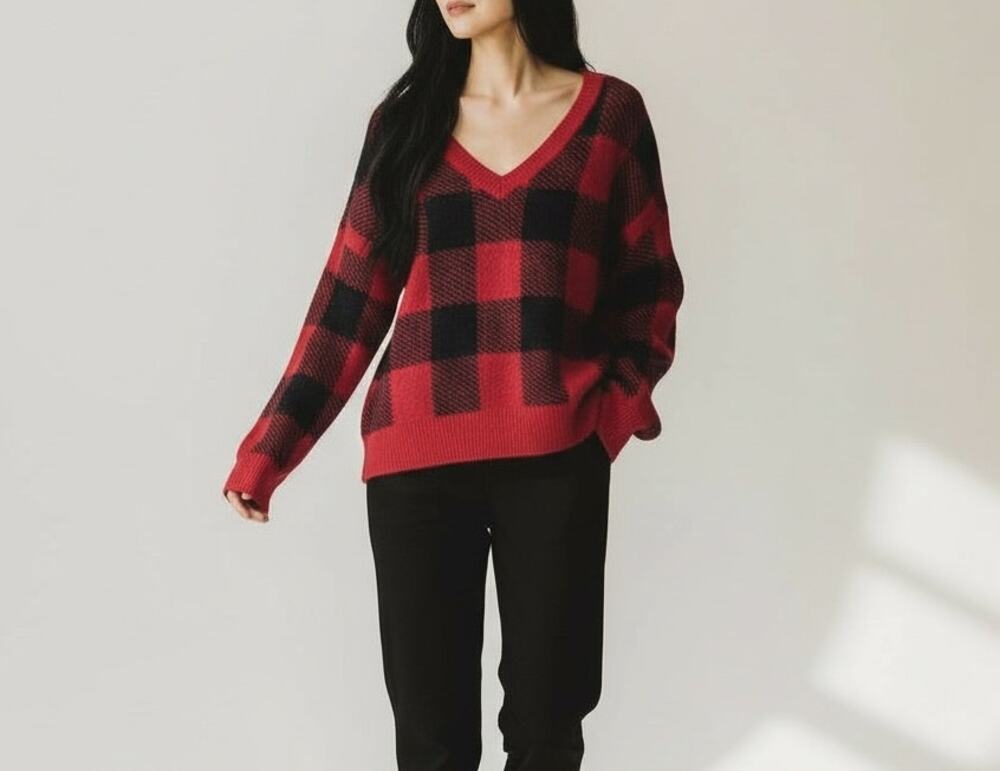 William Rast sweater V neck pullover buffalo plaid red black large NEW